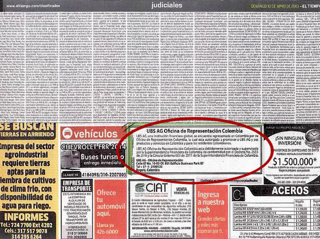 Aviso de prensa UBS AG Oficina de Representación Colombia