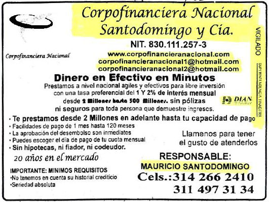 Volante Corpofinanciera Nacional Santodomingo y Cia