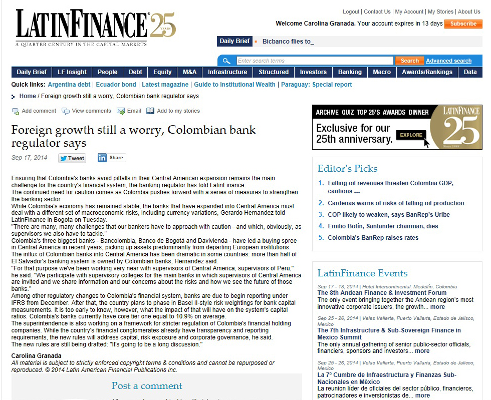 imgForeign growth still a worry, Colombian bank regulator says 