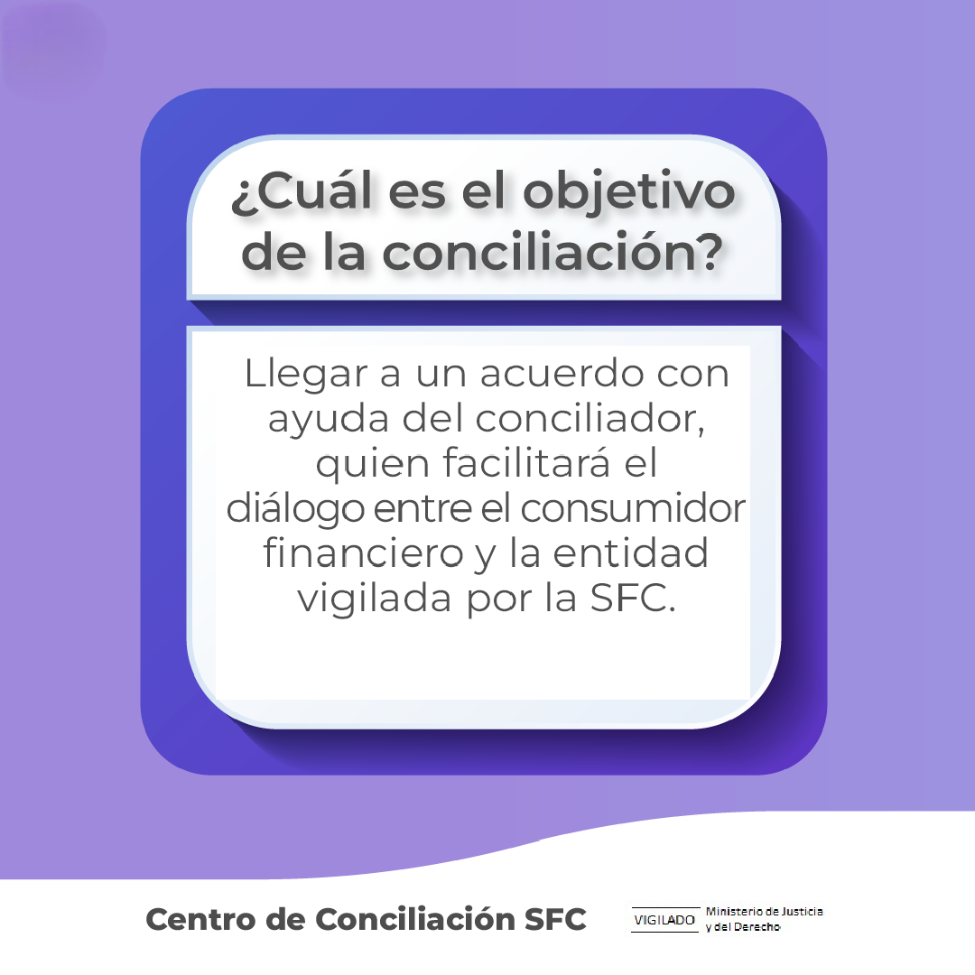 CConciliación extrajudicial en la SFC - ¿Cuál es el objetivo de la conciliación? Llegar a un acuerdo con ayuda del conciliador, quien facilitará el diálogo entre el consumidor financiero y la entidad vigilada por la SFC