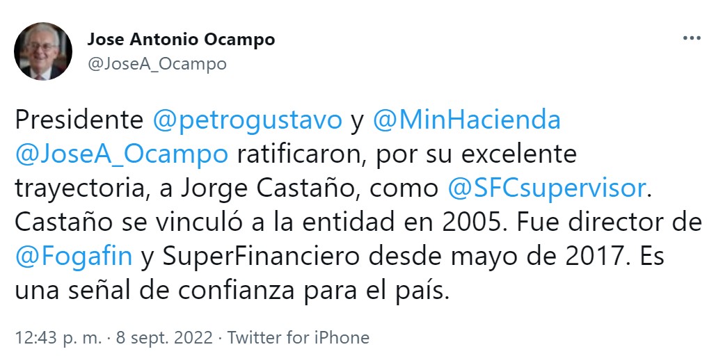 Presidente Gustavo Petro y Minhacienda ratifican en el cargo al Superfinanciero Jorge Castaño y destacan su trayectoria
