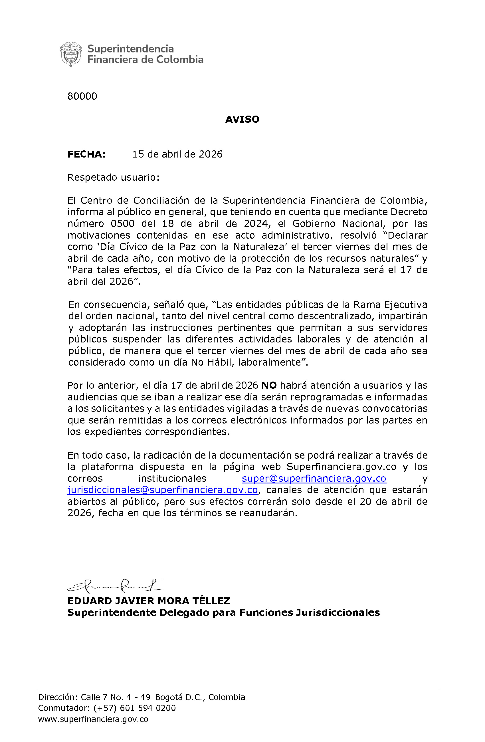 Aviso al público - 17 de abril de 2026